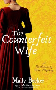 THE COUNTERFEIT WIFE by Mally Becker book cover, yellow background with photo of the back of a white female, wearing a burgundy long-sleeve 17th century gown