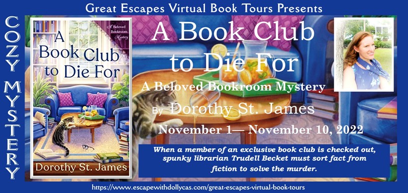A BOOK CLUB TO DIE FOR tour banner, featuring blue sofa and armchairs, purple pillows, small circular coffee table with a green serving tray with a pitcher of iced tea, two tumblers with ice tea, 1 spilled onto the carpet, and gray tabby cat looking at the spilled tea, small author photo (white female with light reddish-brown shoulder-length hair wearing a blue top) in the upper right corner.