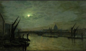 Oil painting of the Thames at Moonlight with the Southwark Bridge by J.A. Grimshaw