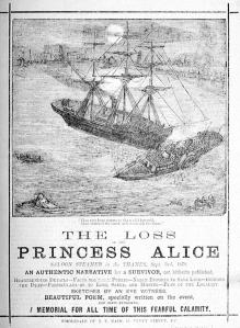 Black and White graphic drawing depicting the loss of "The Princess Alice" ship