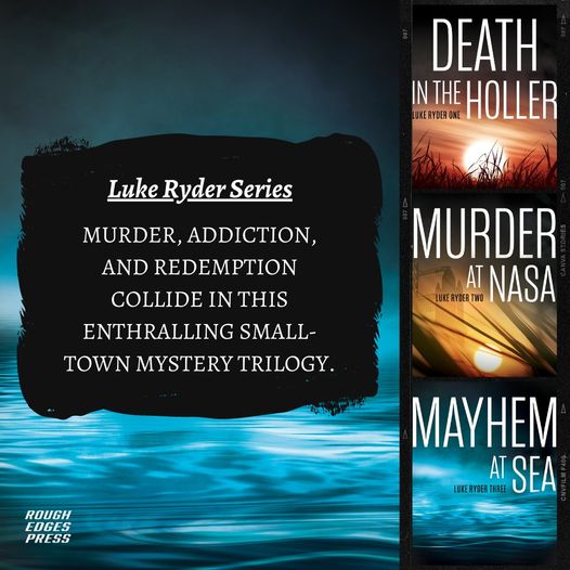 Banner by Rough Edges Press for the "Luke Ryder Series" by John G. Bluck: covers for DEATH IN THE HOLLER, MURDER AT NASA, and MAYHEM AT SEA